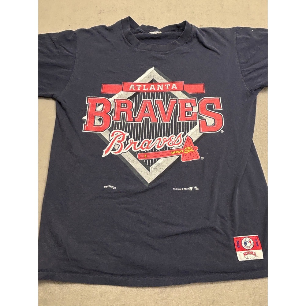 Vintage Atlanta Braves Nutmeg Mills MLB T-Shirt Navy Blue 90s Made in USA Large